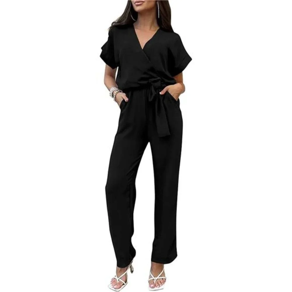 Women's Jumpsuit Short Sleeve Wrap V Neck Belted Wide Leg Pants Romper